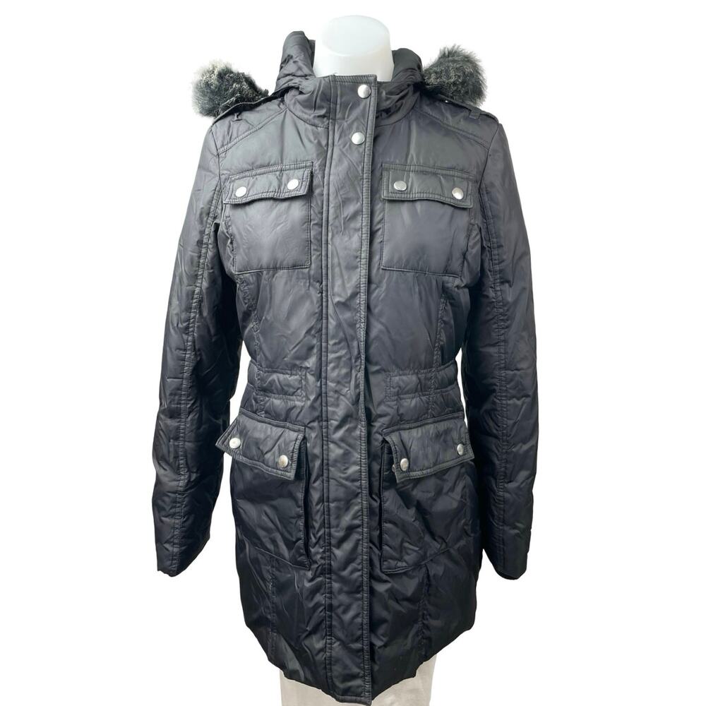 Aqua Black Faux Fur Trim Quilted Long Sleeve Hooded Puffer Parka Coat Jacket XS